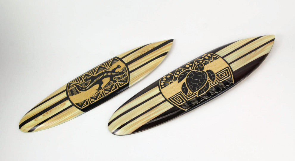 Set Of 2 Hand Carved Wood Surfboards Tiki Decor Lizard Turtle Wall Hanging Art
