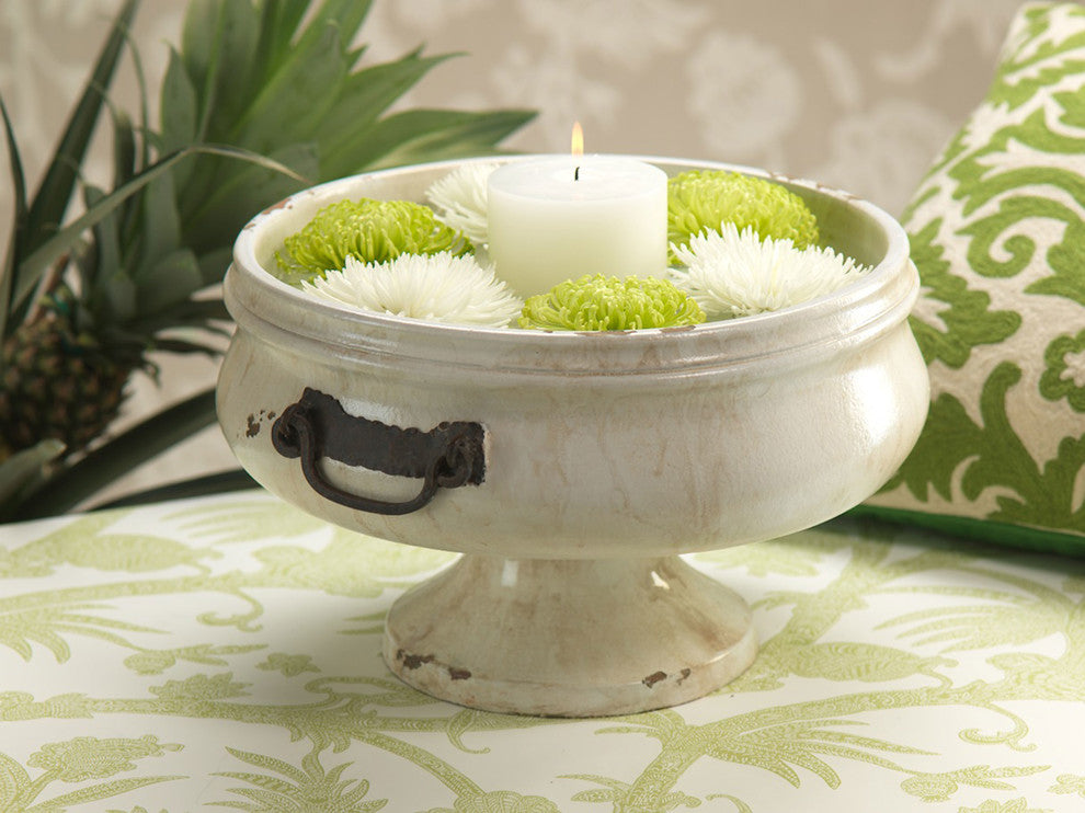"Corsica" 16" Wide Ceramic Decorative Bowl with Iron Handle, Beige and White