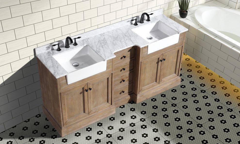 Kelly 72" Bathroom Vanity, Weathered Fir Finish, Italian Carrara Marble Top