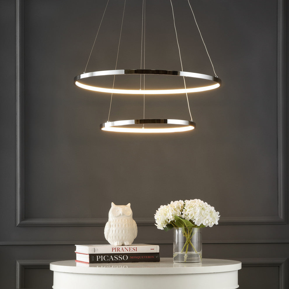 Circulo Metal Round Modern LED Pendant, Chrome, Width: 24"