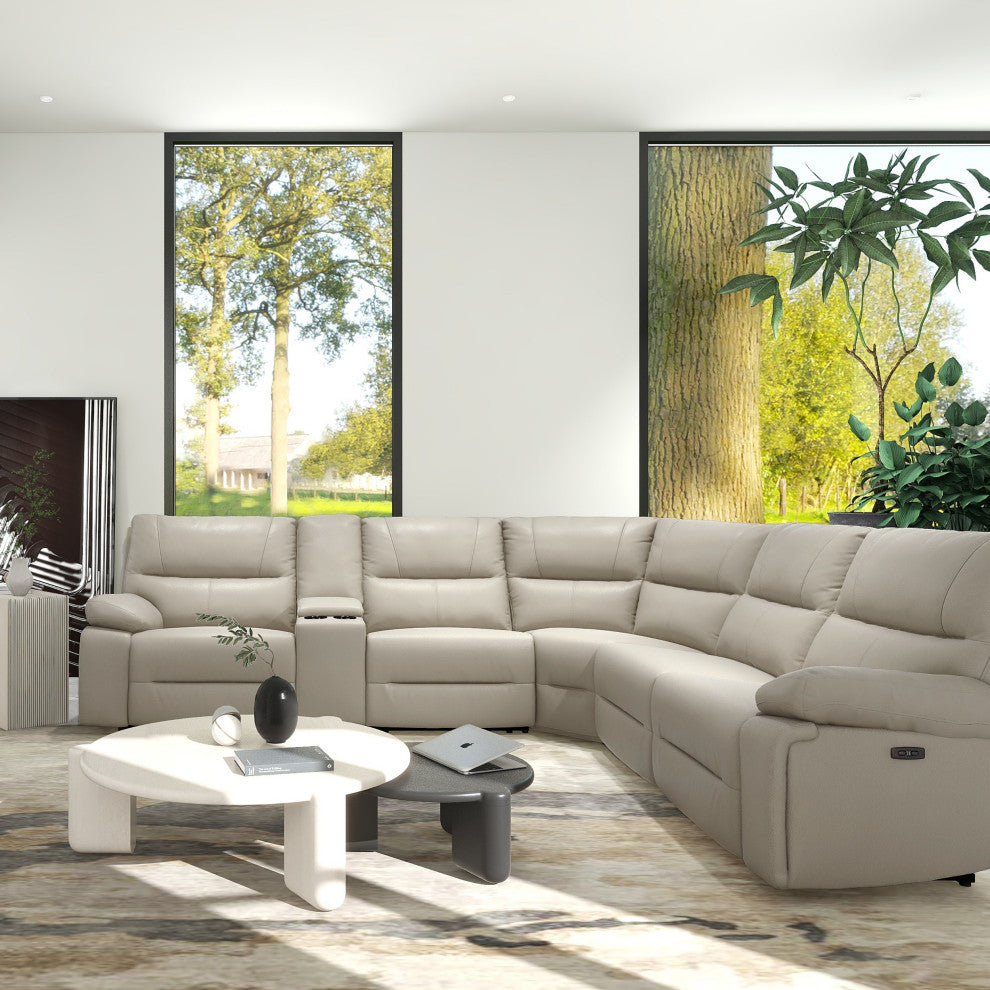 Malibu 130" Top Grain Leather 6-Piece Power Reclining Sectional, Cream Taupe Beige