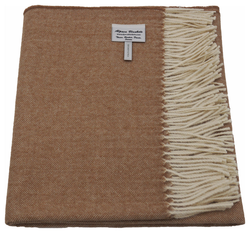 100% Baby Alpaca NY Herringbone Throw / Afghan Blanket, Beige