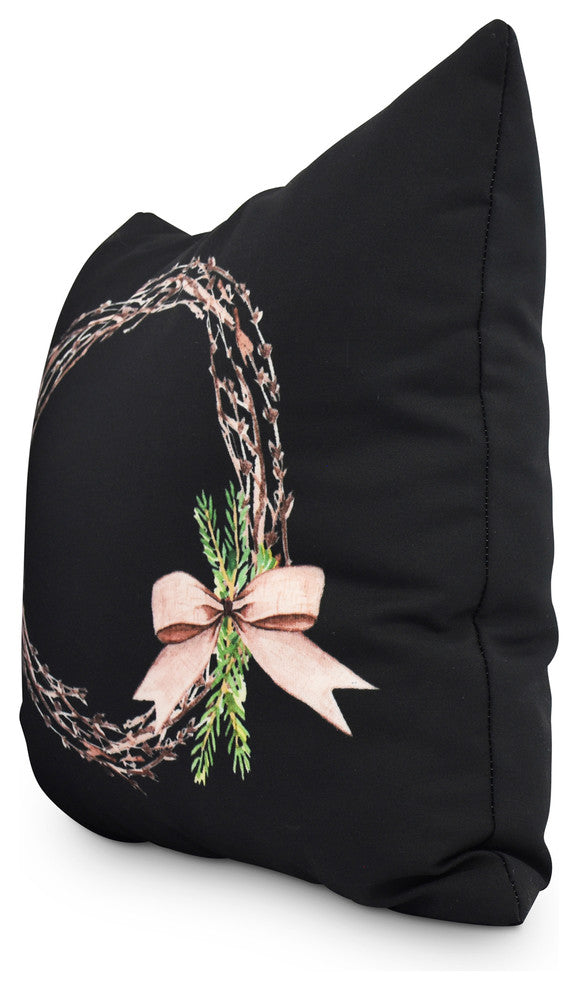 Sprig of Green Holiday Print Decorative Outdoor Throw Pillow, Black, 16"
