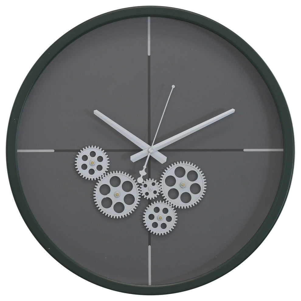Modern Minimalist 18"D Dark Green Clock With Open Moving Gears