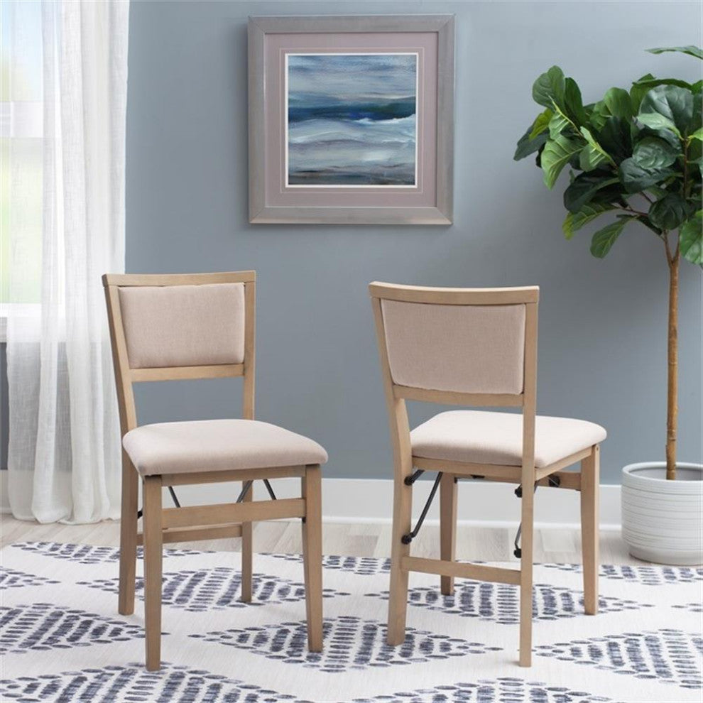 Linon Keira Set of Two Folding Chairs Beige Fabric Seat & Back in Graywash Wood