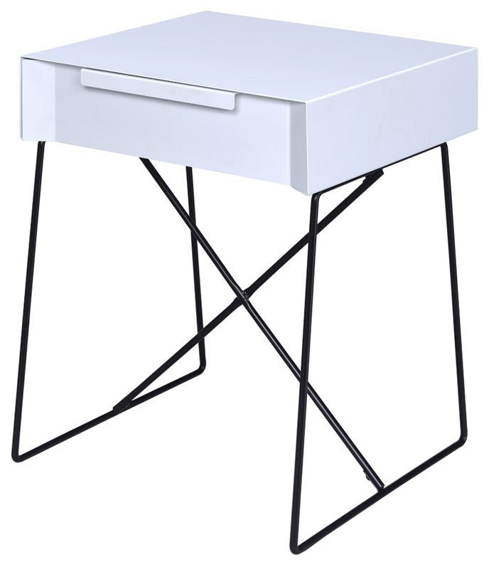 White Modern Metal End Table With Drawer