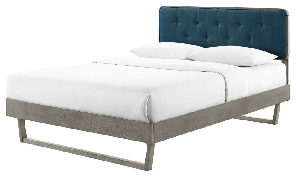 Platform Bed Frame, Queen Size, Fabric, Wood, Gray Navy Blue, Modern