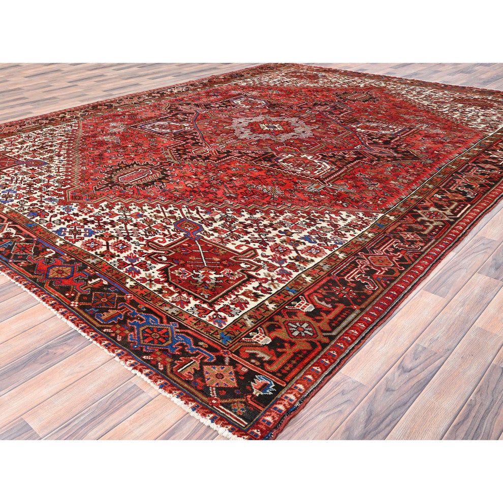 Imperial Red Pure Wool Hand Knotted Semi Antique Persian Heriz Rug 9'8"x12'9"