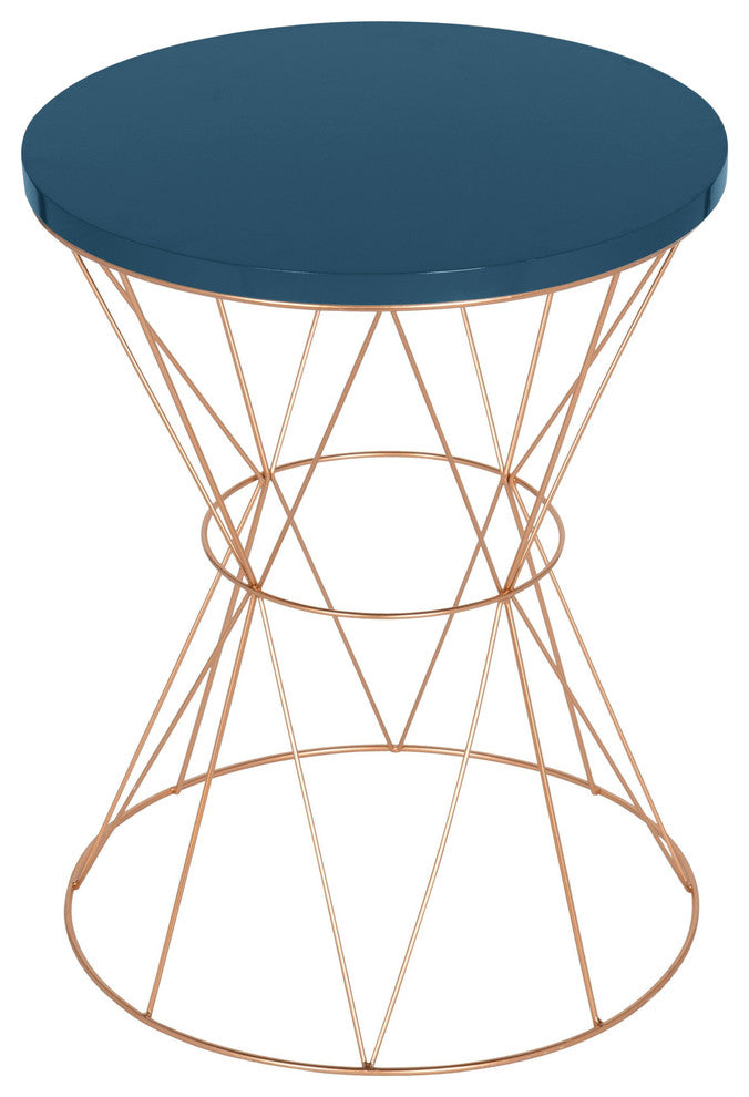 Mendel Round Rose Gold Metal End Table, Blue