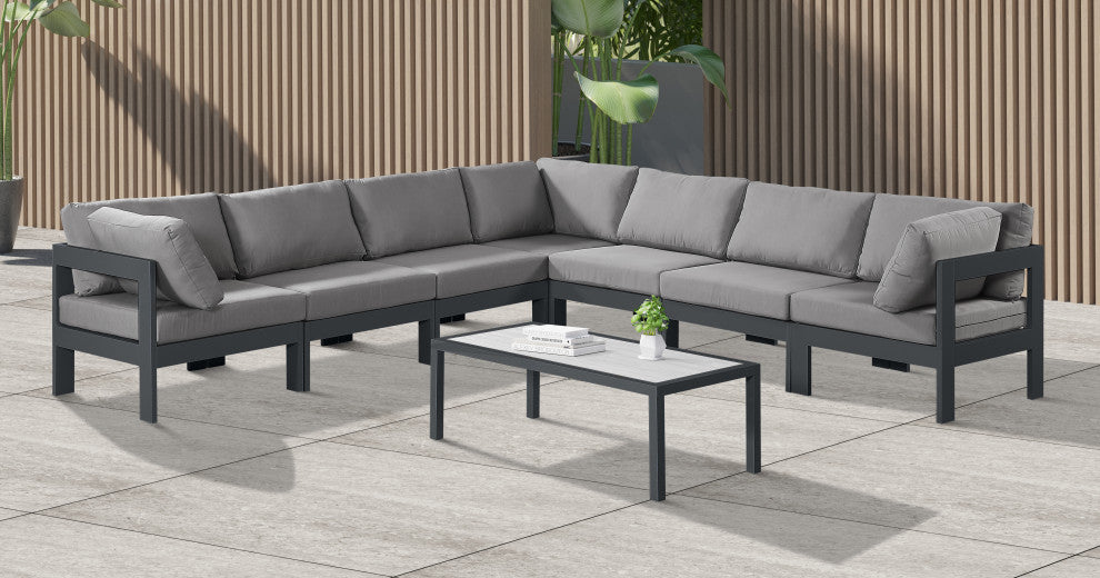 Nizuc Water Resistant Patio L-Shaped Modular Sectional, Gray, 7-Piece: 4 Armless Chair, 3 Corner Chair, Dark Gray Aluminum Frame