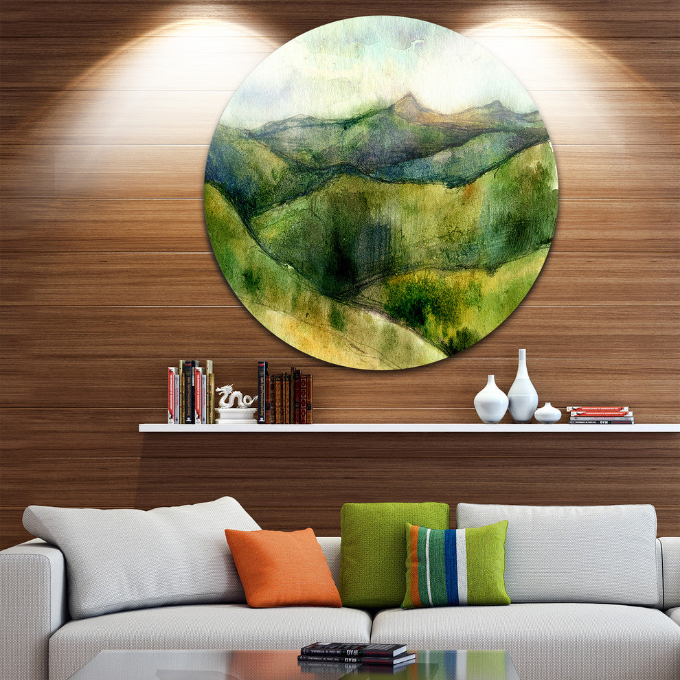 Green Mountains Watercolor, Landscape Painting Disc Metal Artwork, 11"