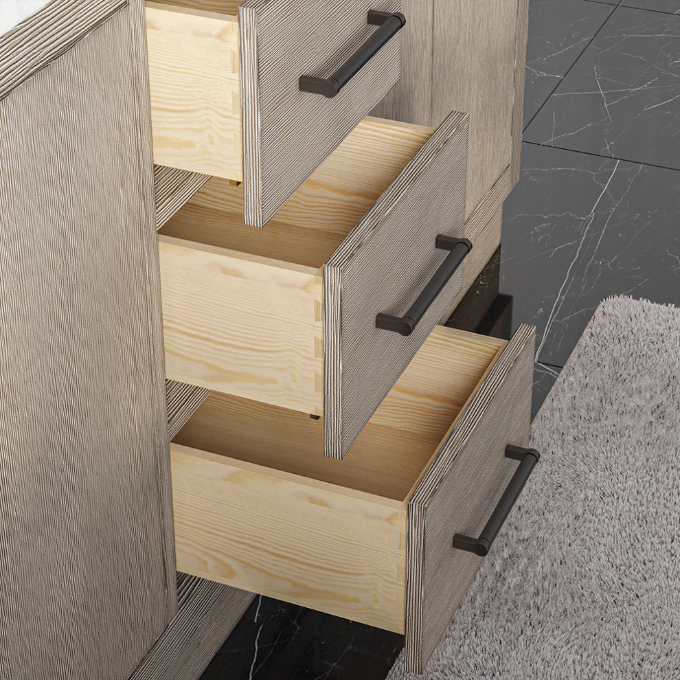 Hugo Carrara White Marble Countertop Bathroom Vanity in Grey Oak, Bronze Handle, 72", Vanity With Hook Faucet