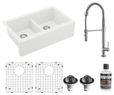 Karran All, One Farmhouse Quartz 34" Double Bowl Sink, White With Faucet