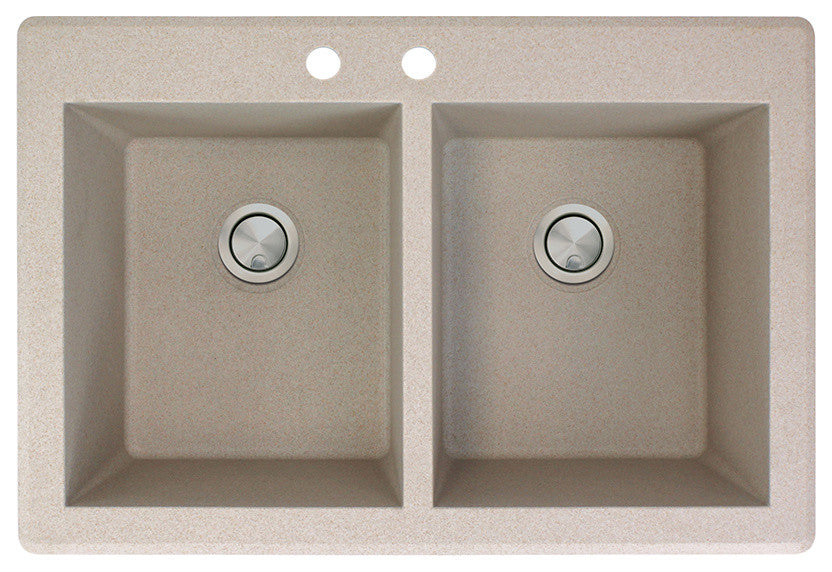 Radius 33" silQ Granite Double Bowl Kitchen Sink with 2 Holes in Cafe Latte