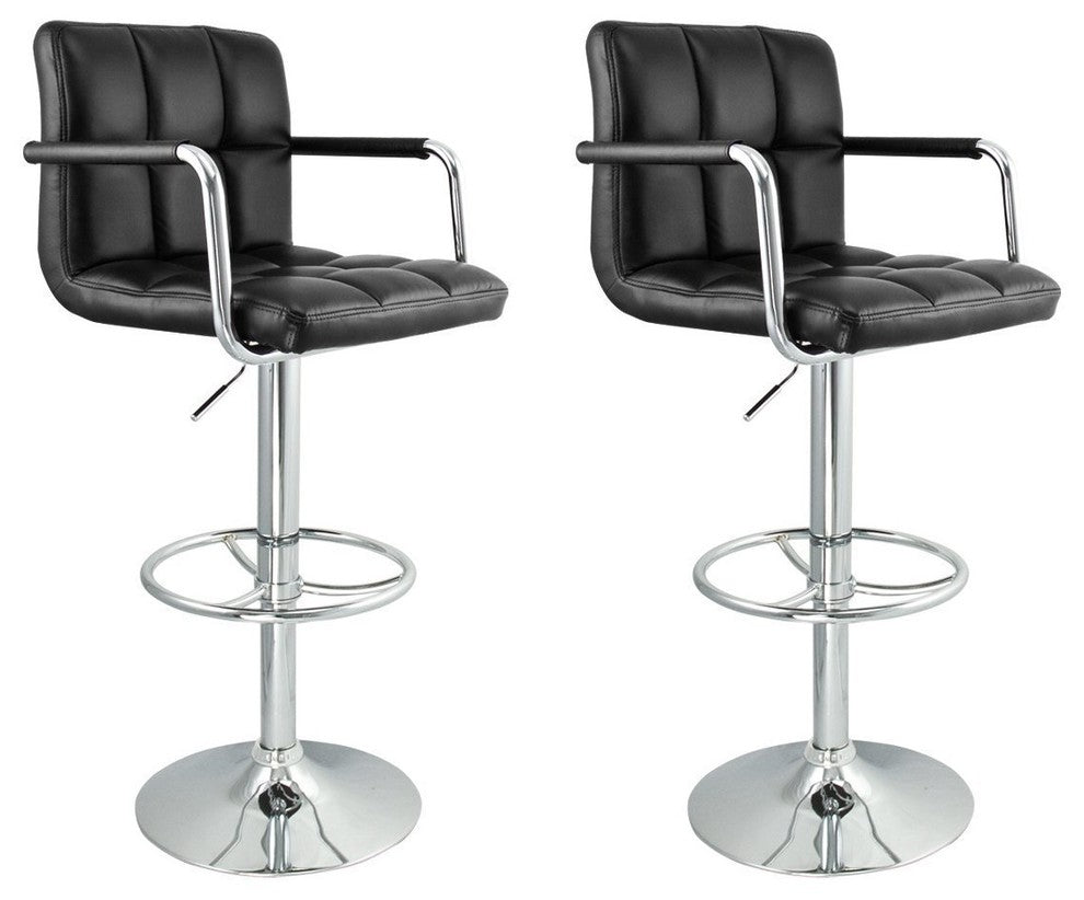 Hexagrid Pu Height Adjustable Bar Stool With Arms in Black, Set of 2