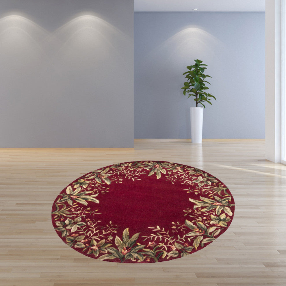 HomeRoots 8' Ruby Red Hand Tufted Bordered Tropical Plants Round Indoor Area Rug