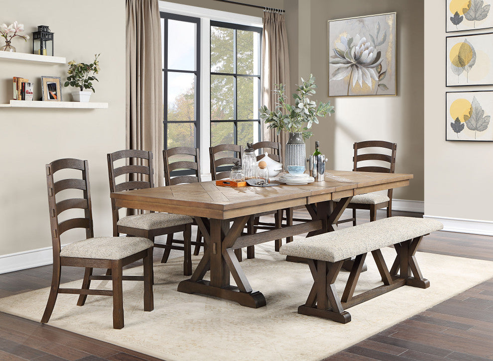 ACME Pascaline Dining Table, Gray Fabric, Rustic Brown and Oak Finish