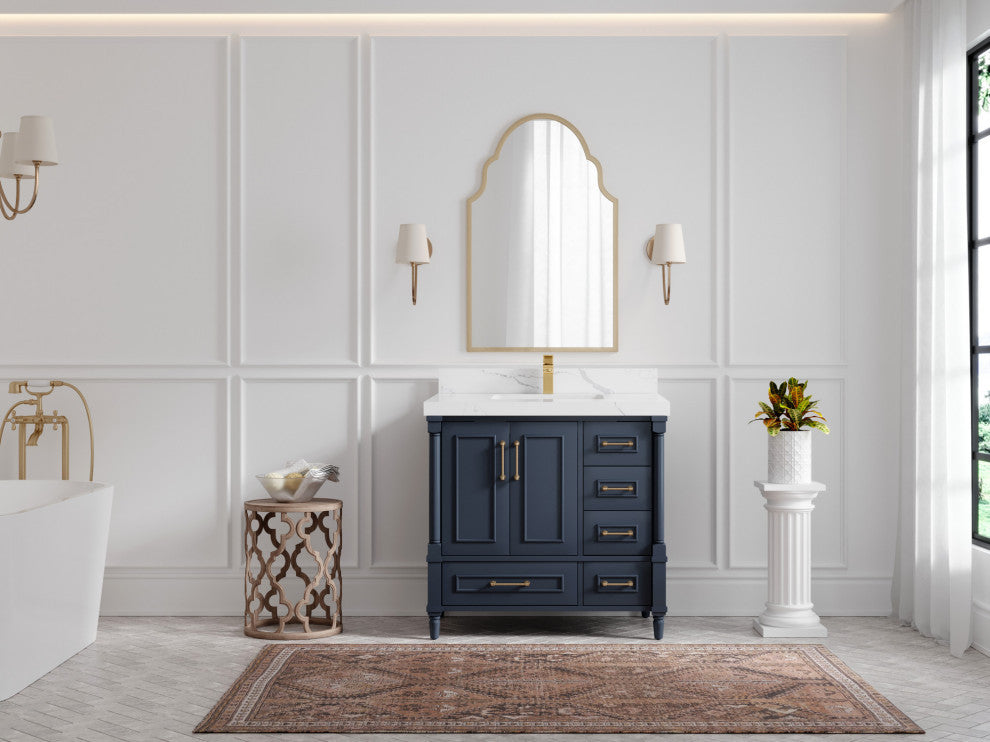 Aberdeen 36 Center Sink Bath Vanity in Hale Navy Blue  2" Calacatta Laza
