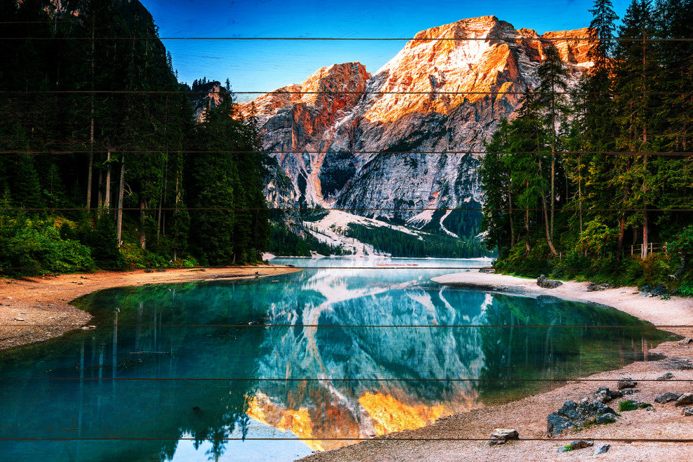 Faux Wood Misty Lake and Snow-cap Mountain Reflections Unframed Wall Art Prints, 8" X 10"