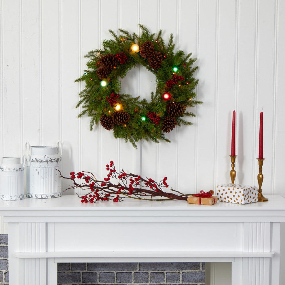 24" Xmas Faux Wreath W/ 50 Multicolor Lights, 7 Globe Bulbs, Berries & Pinecones