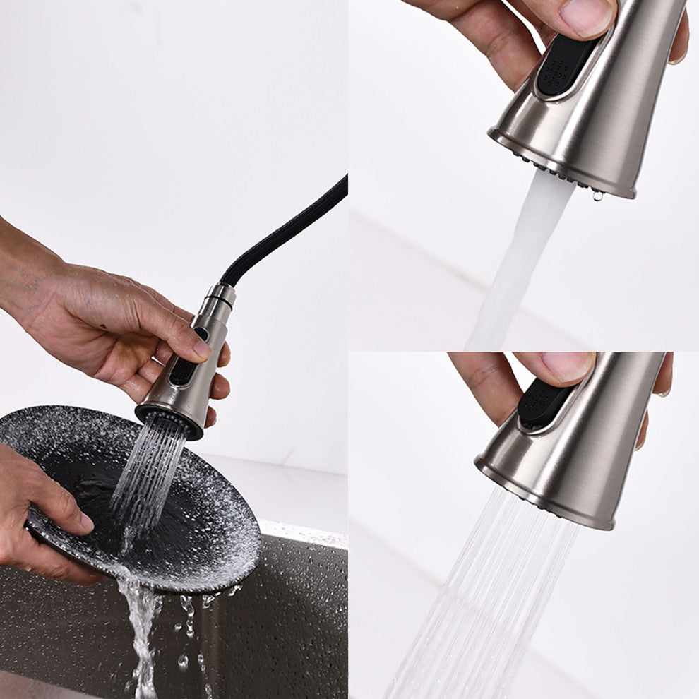 Single Handle Deck Mounted High Arc Pull Down Kitchen Faucet with Sprayer, Brush