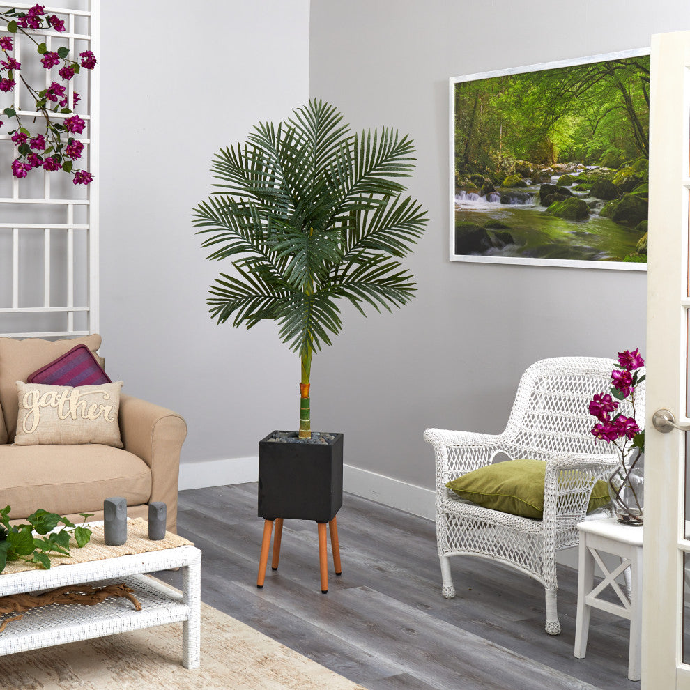 6'' Golden Cane Artificial Palm Tree, Black Planter With Stand