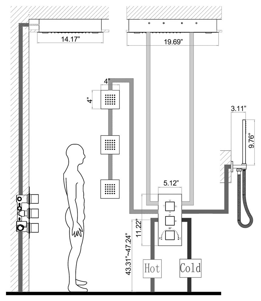 Thermostatic Shower System With Multi Function LED Shower Head, Brushed Gold