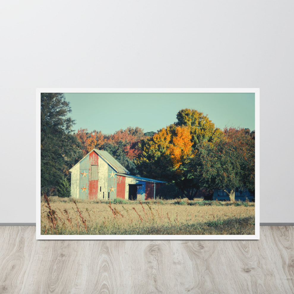 Patriotic Weathered Barn in Field Cross Processed Framed Photo Wall Art Prints, White, 24" X 36"