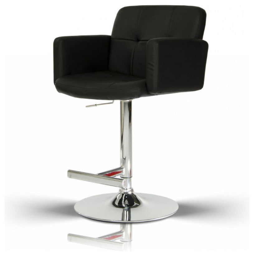 Leather Upholstery Bar Stool with T Shape Footrest and Steel Base, Black