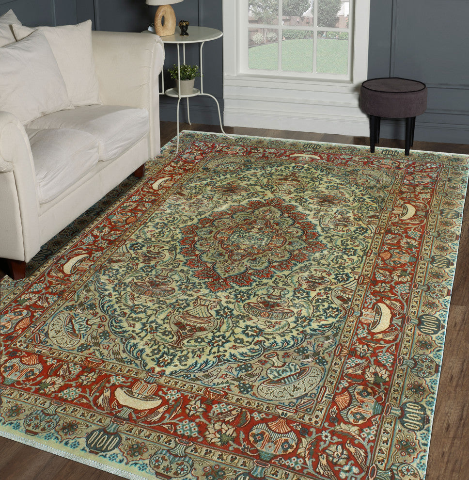Fine Vintage Distressed Heerad Beige/Rust Rug, 6'5x9'6