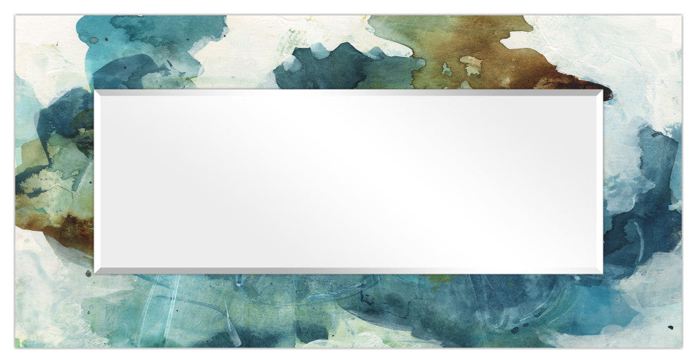 Abstract Rectangular Beveled Mirror on Free Floating Printed Tempered Art Glass