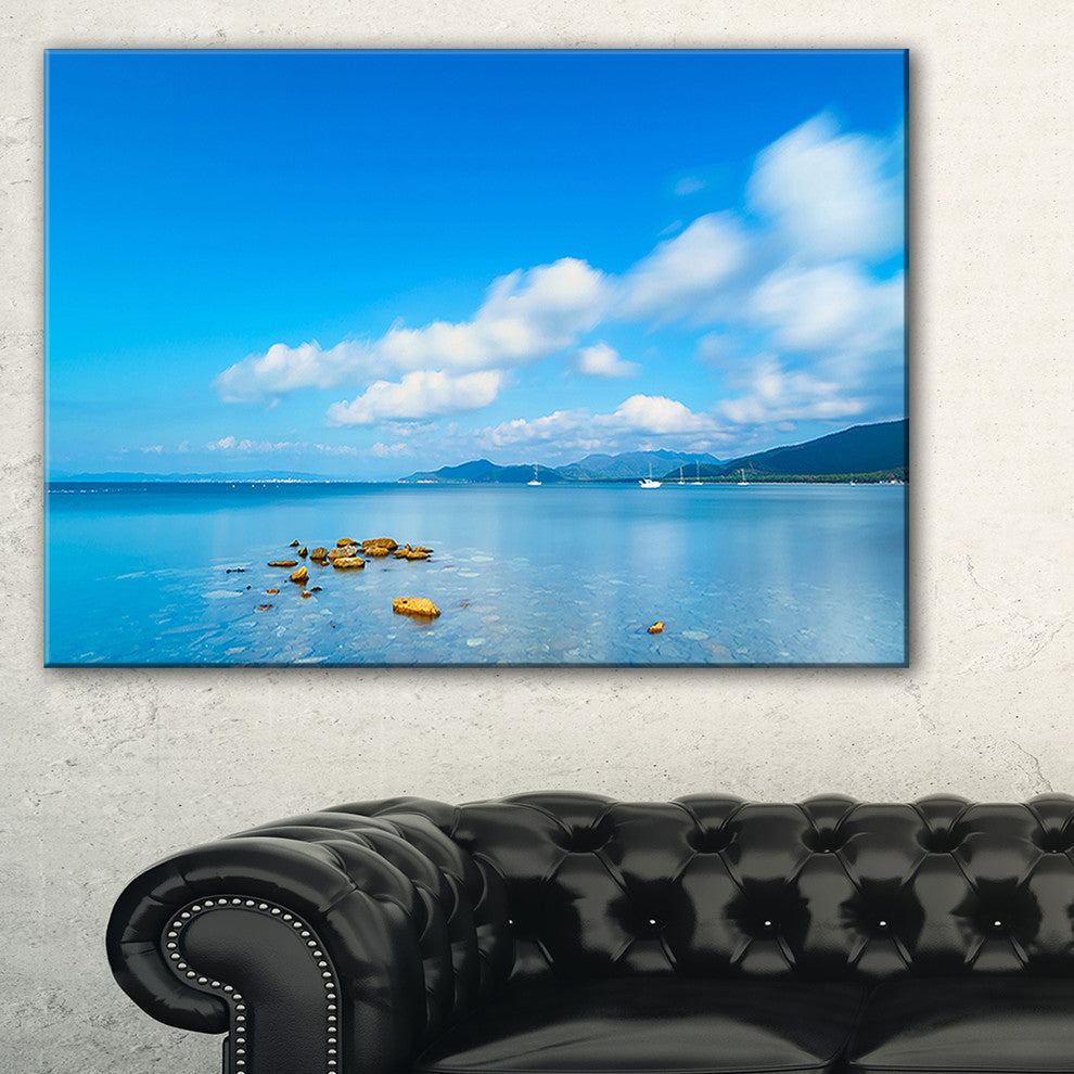"Rocks in A Blue Panoramic Sea Bay" Seashore Wall Art, 40"x30"