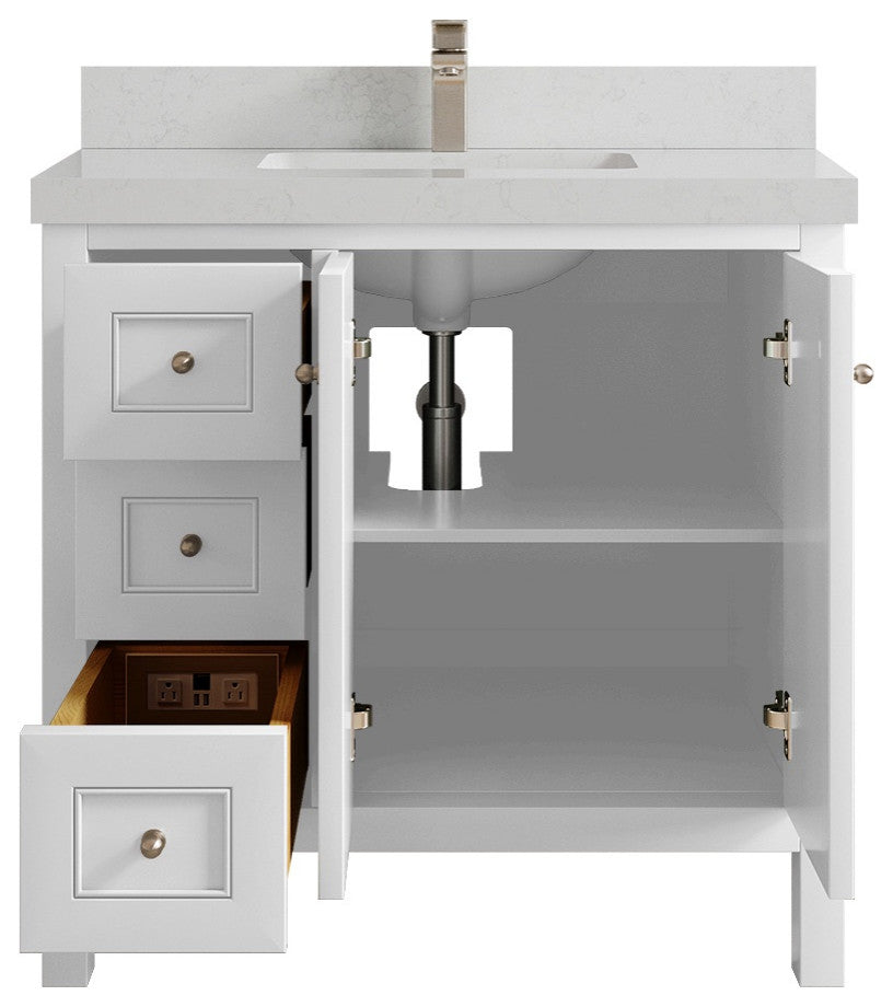 Nashville 36" Center Sink Bath Vanity, White 2" Carrara Quartz