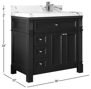 Paris 36" Right Offset Bathroom Vanity, White 2" White Quartz