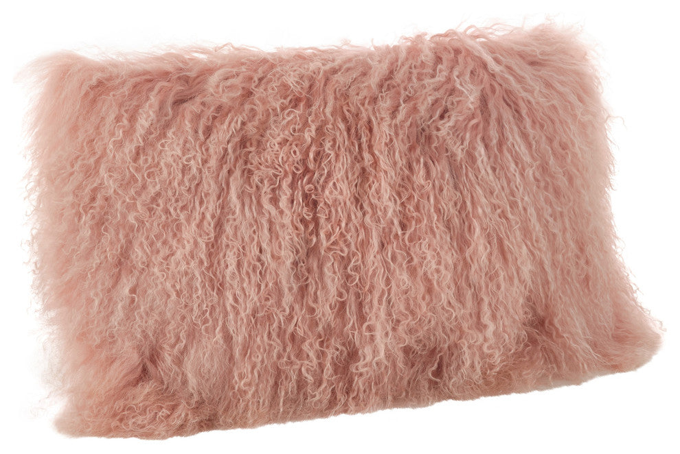Mongolian Lamb Fur Poly Filled Throw Pillow, Rose, 12"x20"