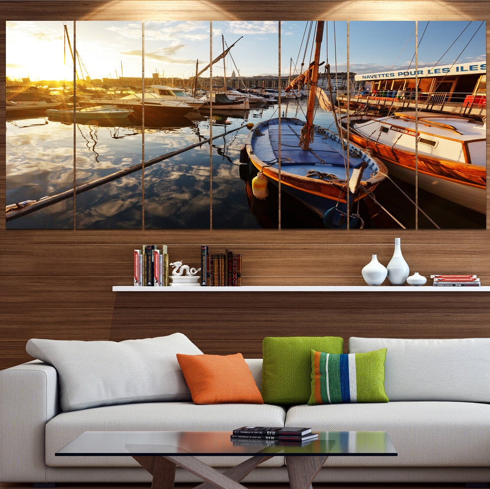 Yachts at Sea Port of Marseille, Boat Canvas Art Print, 83"x32", 7 Panels