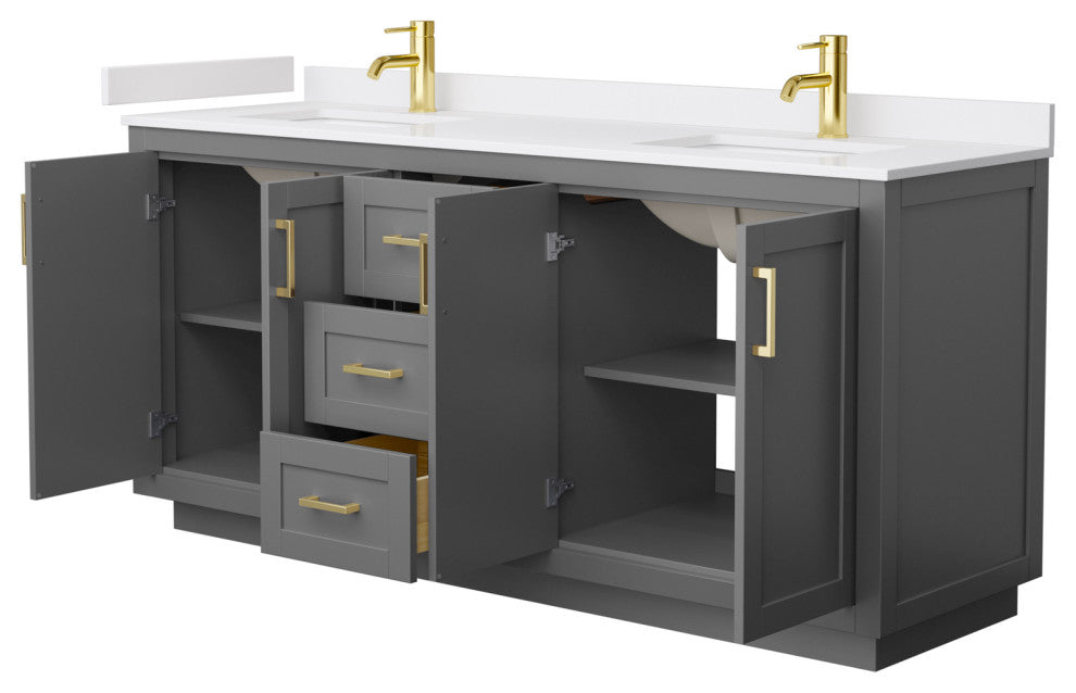 72"DBL Bath Vanity Dark Gray, White Cult.Marble Countertop, Sinks, Gold Trim