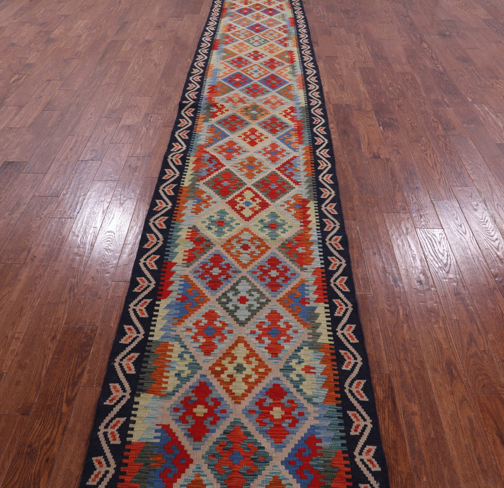 Kilim Flat Weave Wool On Wool Reversible Runner Rug 2' 10" X 16' 1" Q9465