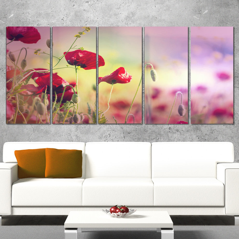 Beautiful Poppy Flower Garden, Floral Canvas Art Print, 60"x28", 5 Panels