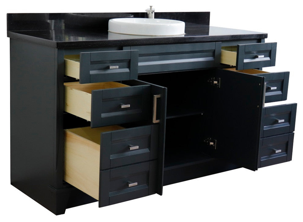 61" Single Sink Vanity, Dark Gray Finish And Black Galaxy Granite