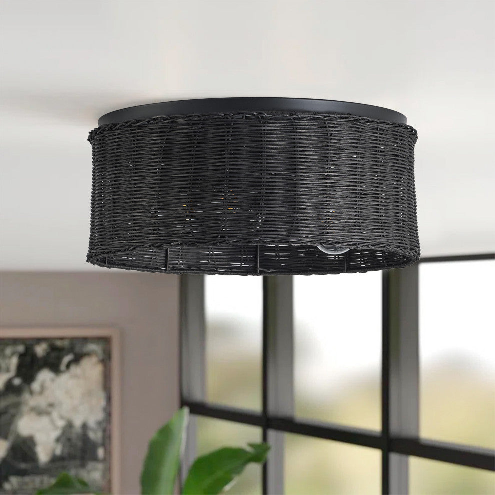 Farmhouse Hand-Woven Rattan 3-Light Drum Flush Mount Ceiling Light