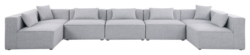 Cube Upholstered Modular Sectional, Gray, 7-Piece: 5 Armless Chair, 2 Corner Chair, Linen Texured Fabric