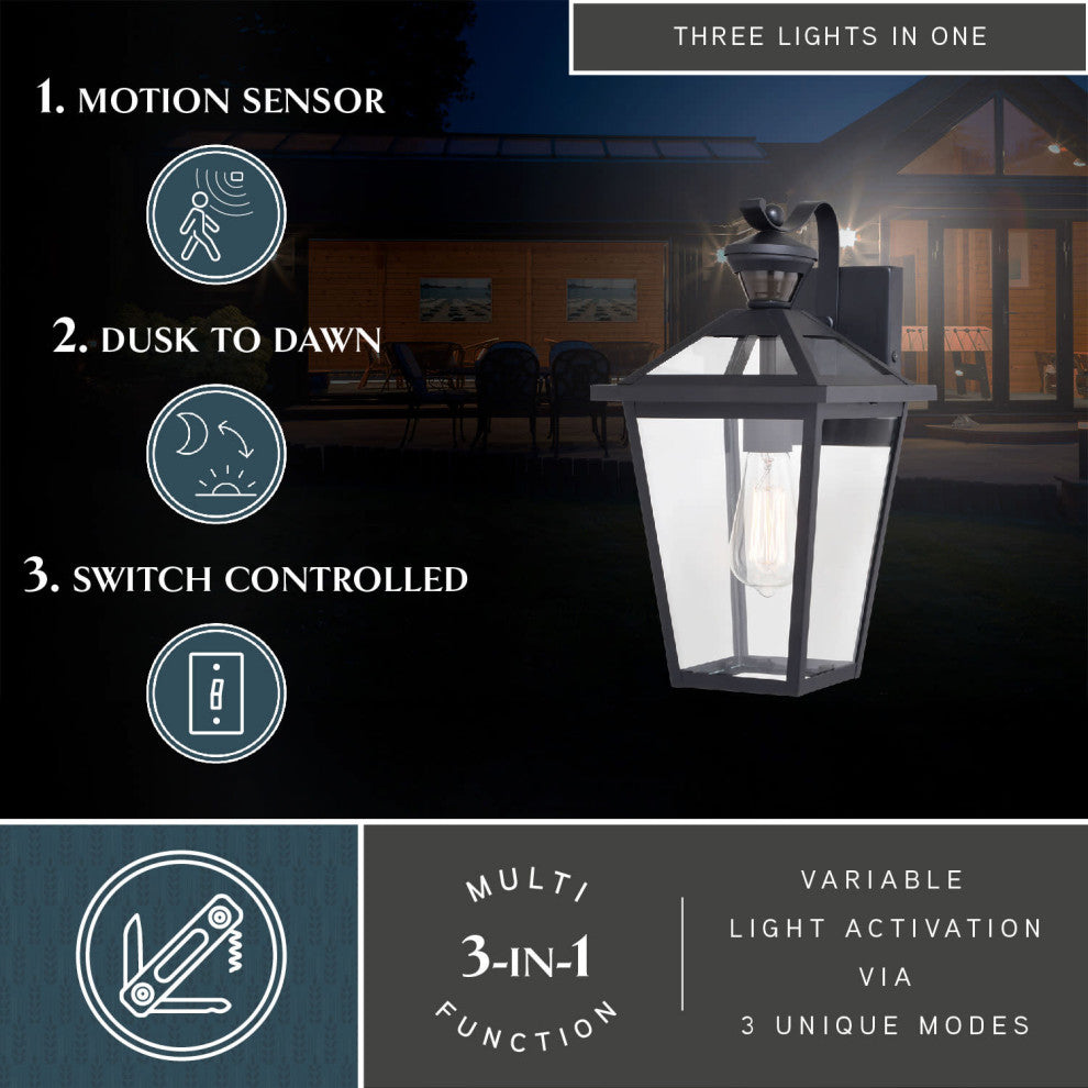 Derby 1 Light Matte Black Motion Sensor Dusk to Dawn Outdoor Wall Lantern