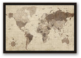Distressed World Map Walnut Floating Framed Canvas, 16"x24"