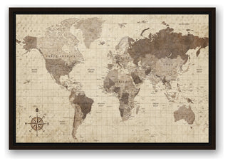 Distressed World Map Walnut Floating Framed Canvas, 16"x24"