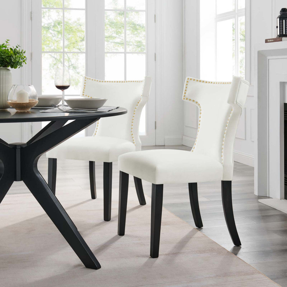 Curve Performance Velvet Dining Chairs, Set of 2, White