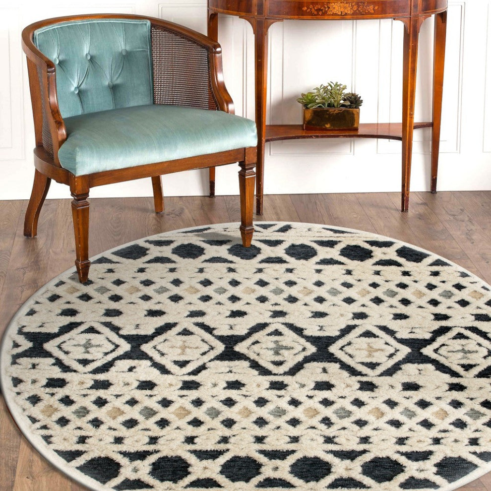 6" Round Blue and Cream Decorative Area Rug