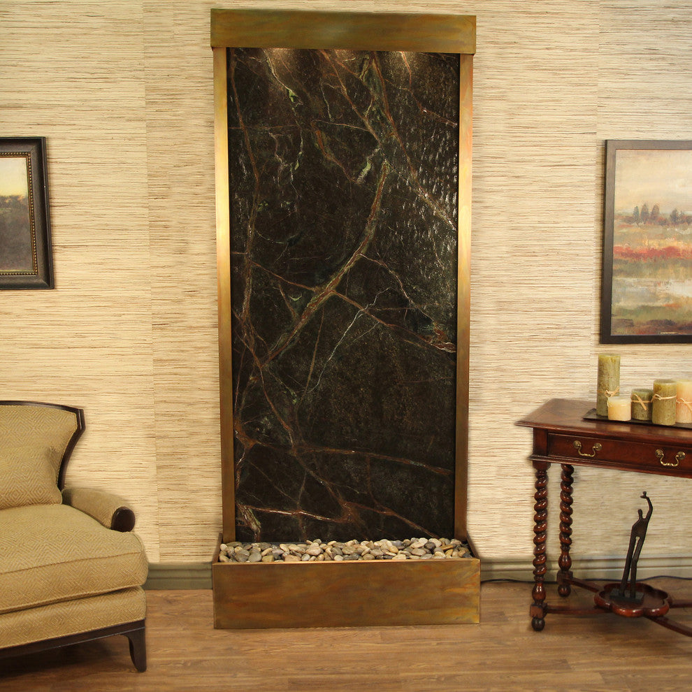 Tranquil River Flush Mount Water Fountain, Green Marble, Rustic Copper