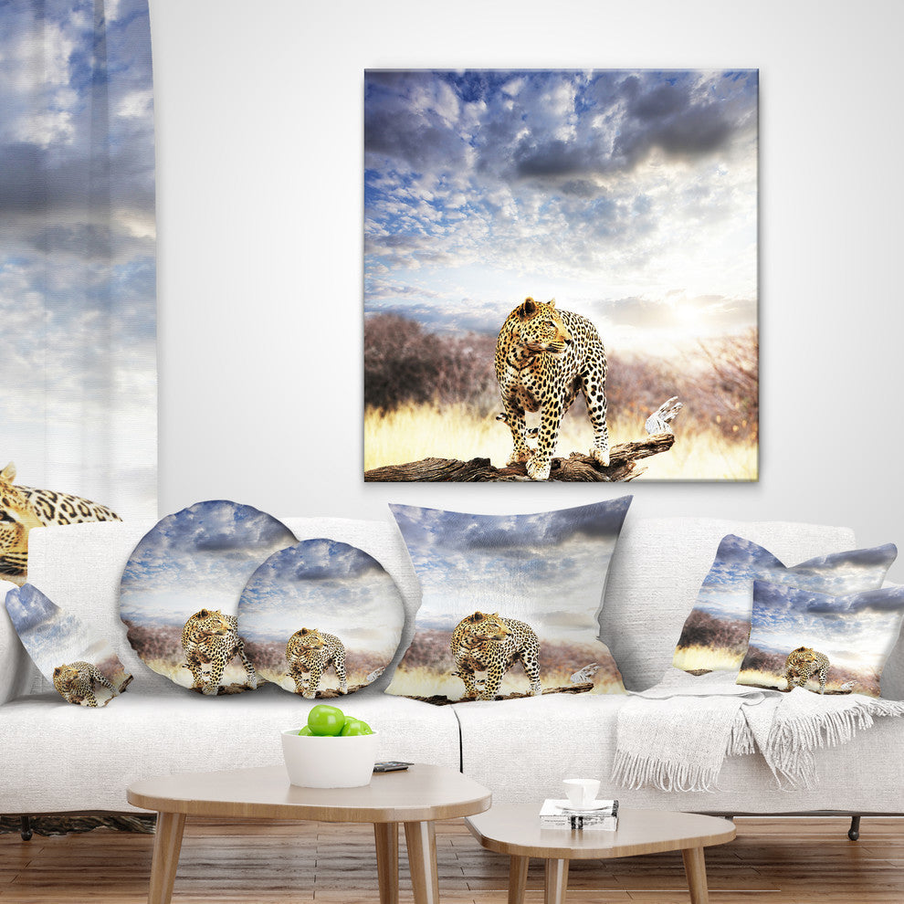 Leopard Walking Under Cloudy Sky African Throw Pillow, 18"x18"