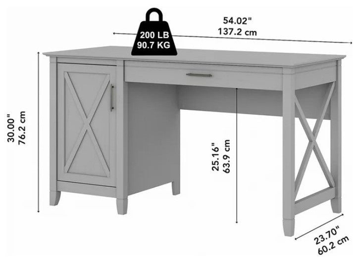 Farmhouse Desk, Wooden Frame With X-Accents & Spacious Cabinet, Cape Cod Gray